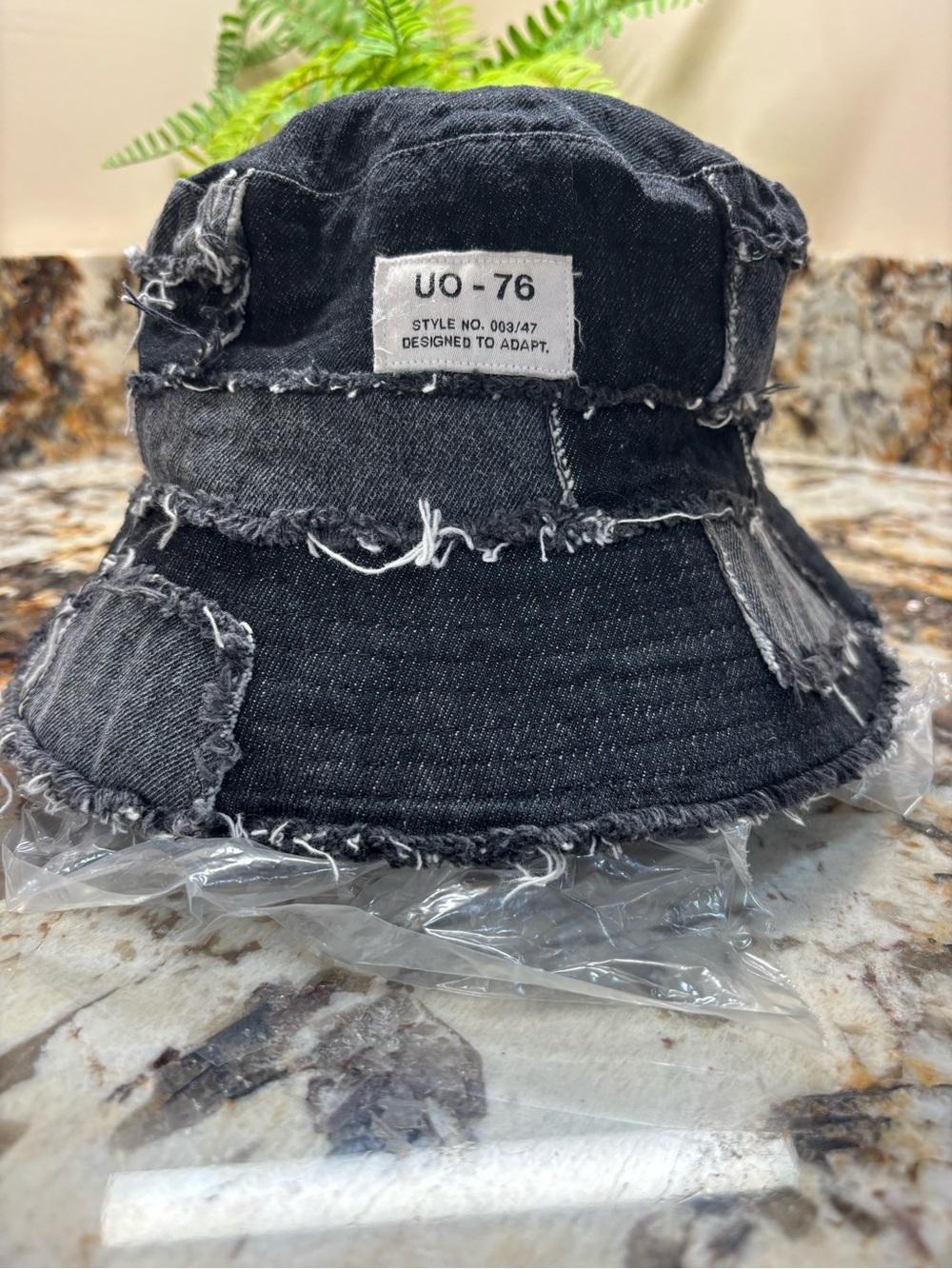 Urban Outfitters Black Distressed Denim Bucket Hat with UO-76 Patch